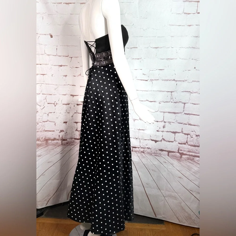 Jeweled Strapless Lace-Up Back Black and White Polka Dot Maxi Dress Size Small - Picture 7 of 16